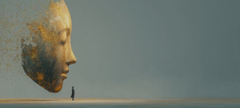 Confident Person Wearing Cracked Golden Mask, Symbolizing Illusion of Success and Hidden Emotional Struggles, Minimal Clean Background with Large Copy Space, Cinematic Soft Lighting