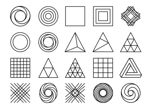 Set of geometric shapes simple thin line icons, impossible shapes, optical illusions.