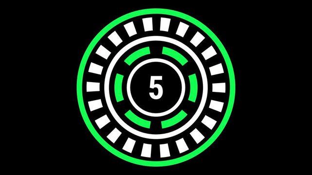 10-second gear-style countdown in green and white on black background with blinking outer ring, rotating inner dash ring, and changing center number.