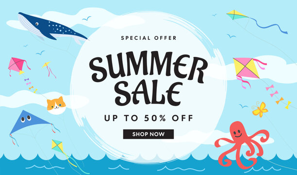 Summer Sale banner vector illustration. Fancy kites float along the sea
