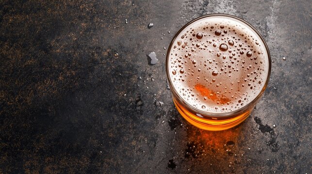 lager. A frosted beer glass glistens with condensation on a dark marble surface, illuminated from above. bar promotions, beverage menus, designed for product packaging and bar promotions.