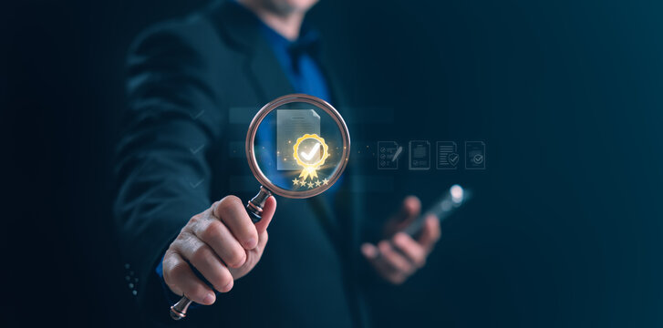 Business professional inspecting certified document with magnifying glass, representing quality assurance, compliance verification, and audit inspection in a digital environment.