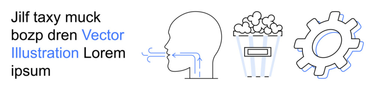 Communication, breath analysis, entertainment, technology, snacks, mechanical processes. A head with directional airflow, popcorn container and gear symbol. Communication and entertainment