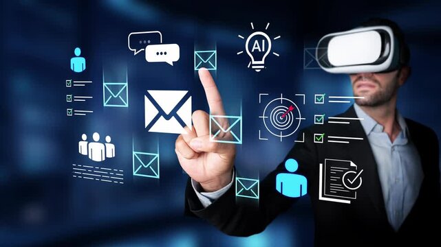 Businessman Using Virtual Reality Technology for Communication and Data Visualization in Modern Office Environment Gluon.