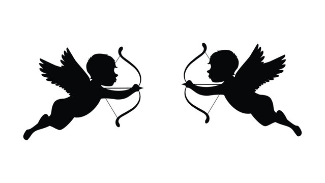 Cupid Angels with Heart Love Symbol Valentine Silhouette Vector Design