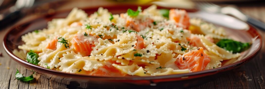 Farfalle pasta al dente with salmon in cream, generative ai illustration