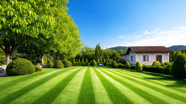 Freshly mowed striped lawn creating a beautiful pattern in a tranquil residential garden with a stone house and vibrant trees