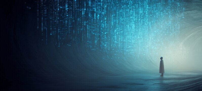 Human Tagged with Digital Data Labels in Futuristic Space, Concept of Identity and Data Classification, Minimal Composition with Rule of Thirds and Copy Space for Advertising Layout