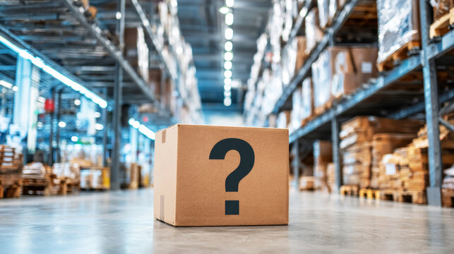 Cardboard box with large question mark symbol sitting on floor in a vast storage facility, depicting hidden contents or choices