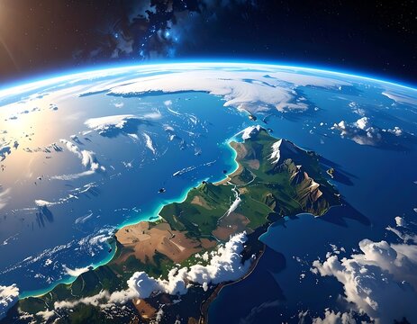 New Zealand from space with clouds.