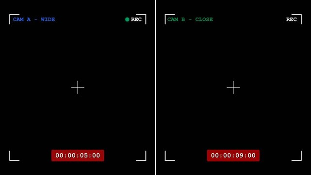 Dual Camera Viewfinder HUD Overlay Interface with Split Screen Timecode and REC Indicators for Video Production and Monitoring