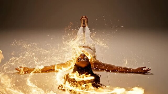 A person in a dynamic pose with flames