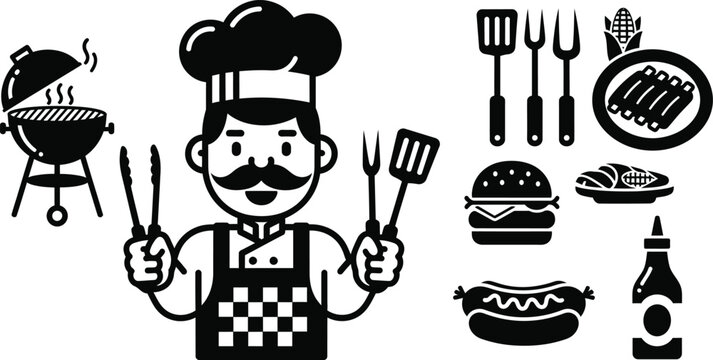 BBQ Grill Master Chef with Grilling Tools and Fast Food Vector Set
