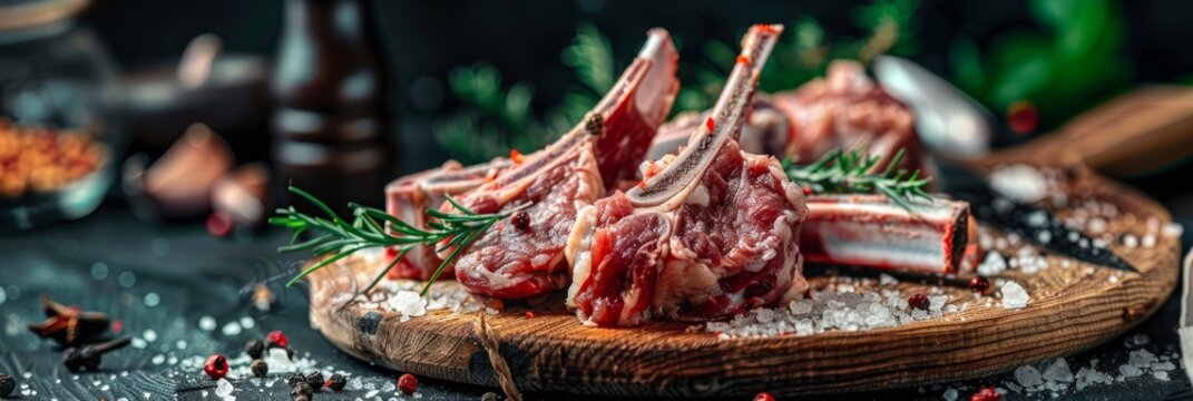 Raw lamb chops or mutton cuts on black, generative ai illustration