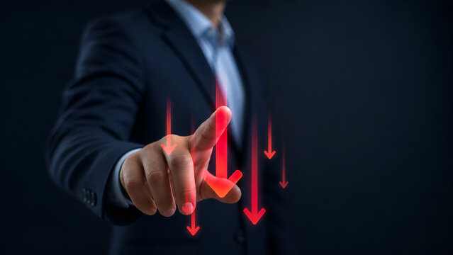 Businessman touching red arrow graphs, stock market decline, financial crisis concept, economic downturn