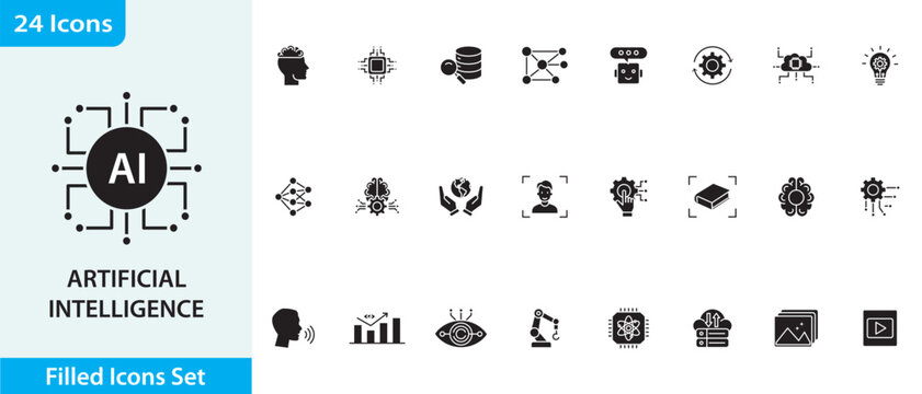 Artificial Intelligence Solid Icon Set with Machine Learning, Data Science, Virtual Assistant, Generative AI and Turing Test.