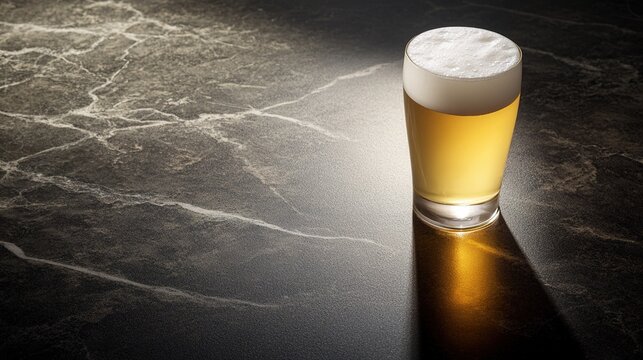 lager. A frosted beer glass glistens with condensation on a dark marble surface, illuminated from above. bar promotions, beverage menus, designed for product packaging and bar promotions.