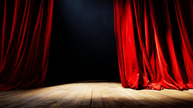 Empty theater stage with red velvet curtains partially open, a classic wooden floor illuminated by a single glowing spotlight