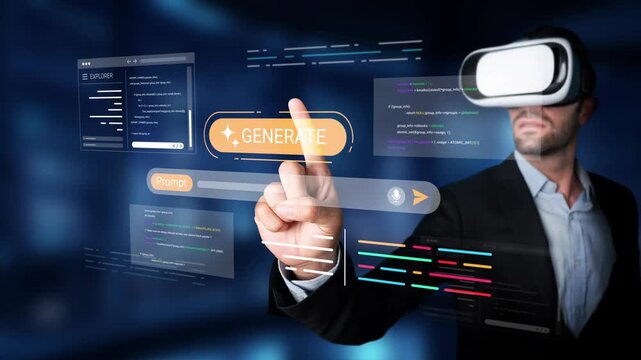 Businessman using virtual reality technology to interact with digital interface, data visualization, programming tools, and futuristic design concepts Gluon.
