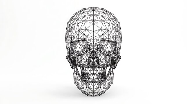 Black wireframe human skull model isolated on a white background