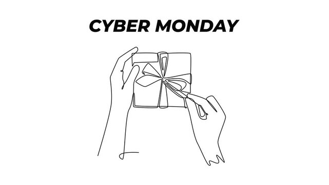 First person top view photo of female hands unpacking red giftbox. Cyber monday concept. Single line draw design. Full length animation illustration. High quality 4k footage