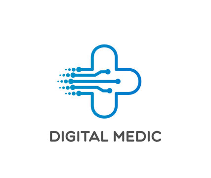 Digital health care technology icon, medical innovation sign. Healthcare startup symbol, medicine tech service vector sign. Digital health innovation icon with blue line cross and motherboard traces