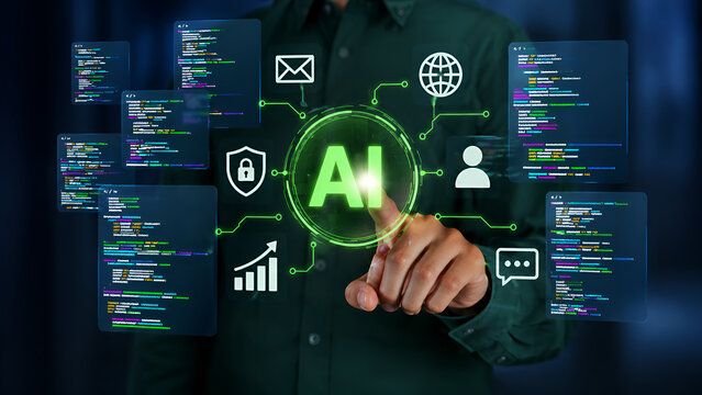 Artificial intelligence, futuristic technology, coding background, businessman interacting with AI interface