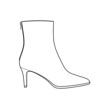 Basic Ankle Boot Heels Technical Fashion Illustration. Women Footwear Vector Template. Side View. Pointed Toe. Slim Heel. Minimal Modern Design. CAD Mockup Set.