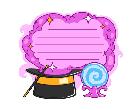 Big top circus kids memo note frame or sticker. Chapiteau schedule frame, kids planner list vector label. Circus memo note with magician hat, magic wand, trick pink smoke cloud and crystal ball