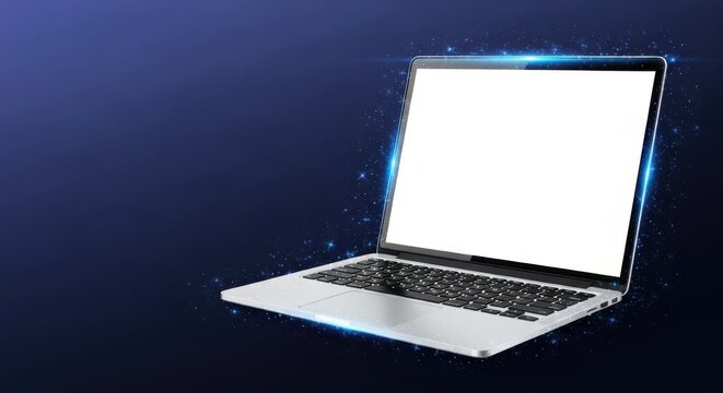 Modern laptop with blank screen and glowing blue magic particles effect