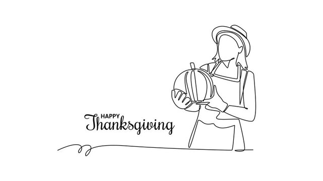 Pumpkins on farm. Agriculture. Thanksgiving. Thanksgiving concept. Single line draw design. Full length animation illustration. High quality 4k footage