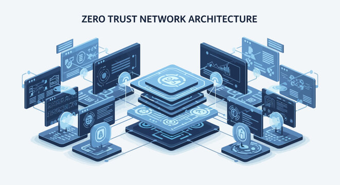 Conceptual visualization of a zero trust network architecture with secure data flow and access control layers