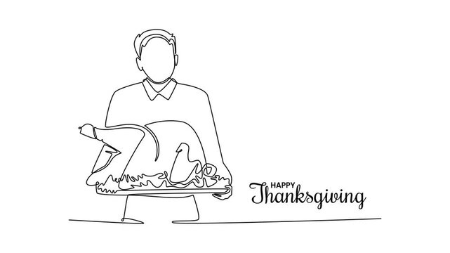 Cheerful guy hold dish baked turkey. Thanksgiving concept. Single line draw design. Full length animation illustration. High quality 4k footage
