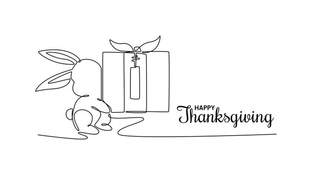 Thanksgiving Day. Rabbit holding gift box. Thanksgiving concept. Single line draw design. Full length animation illustration. High quality 4k footage