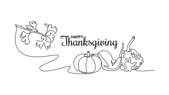 ginkgo biloba yellow leaves and decorative pumpkins. Thanksgiving concept. Single line draw design. Full length animation illustration. High quality 4k footage