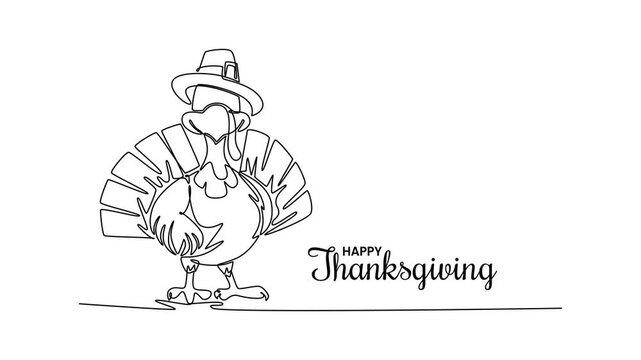 Thanksgiving Turkey bird standing. Thanksgiving concept. Single line draw design. Full length animation illustration. High quality 4k footage