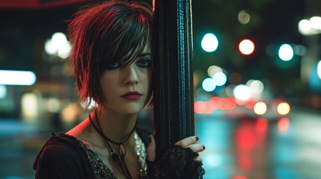 Mysterious Woman in Urban Night Scene