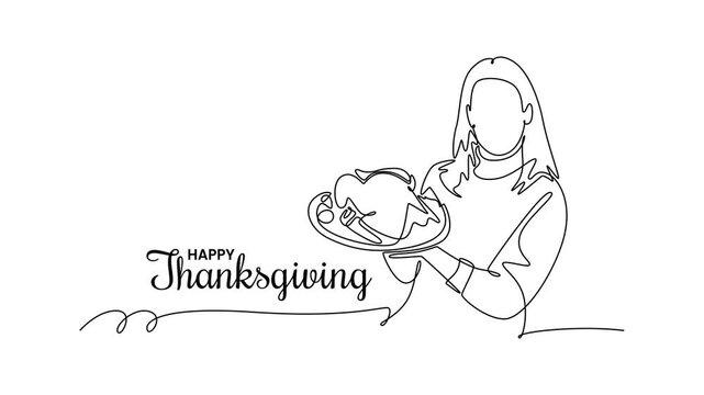 woman smiling proud holding thanksgiving turkey chicken. Thanksgiving concept. Single line draw design. Full length animation illustration. High quality 4k footage