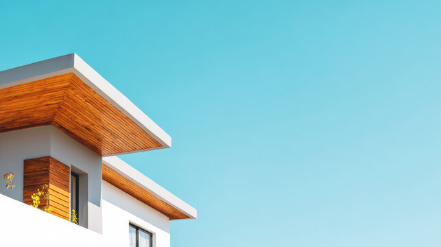 Modern house corner featuring minimalist architectural lines, clean white walls, and warm wood soffit under clear blue sky