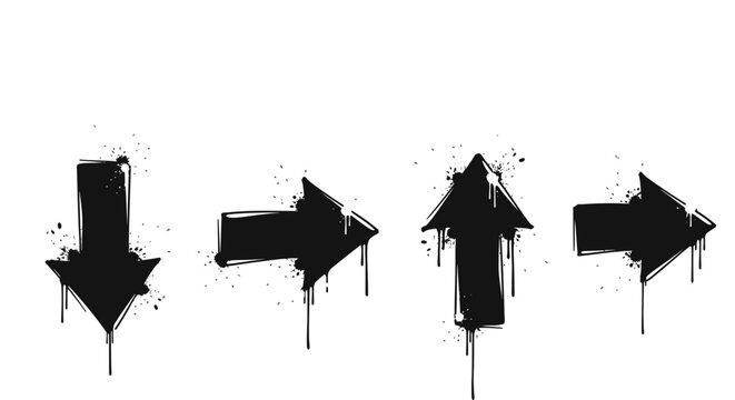 Grunge graffiti spray paint arrows with drips and splatters pointing different