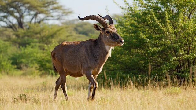 A wild antelope with large curved horns stands in a grassy field