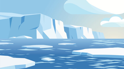 A stylized cartoon Arctic landscape showcasing drifting icebergs across a calm, icy blue sea, designed in a smooth and minimal vector illustration style. © Tanjida