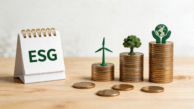 ESG calendar wind turbine coin tower green tree on gold coins hands holding earth globe investment finance sustainable development goals corporate social responsibility