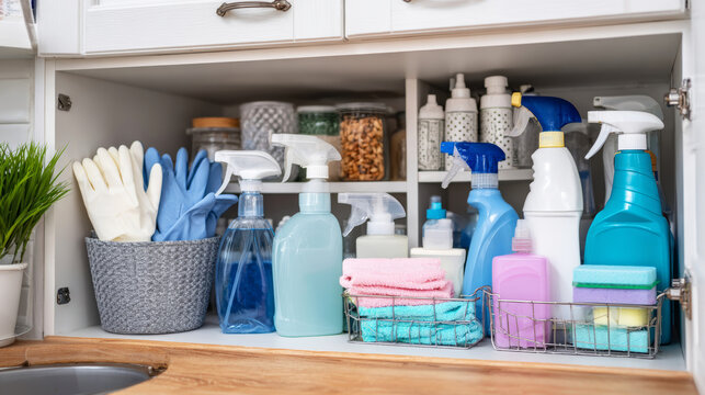 Cleaning supplies stored inside an open cabinet under a kitchen sink, showing spray bottles, sponges, and cloths