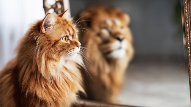 Orange tabby cat seeing lion reflection in ornate mirror, symbolizing inner strength and transformation
