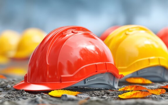 Bright Safety Helmets Arranged on Ground with Colorful Leaves