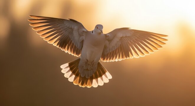 Eurasian collared dove flying in the golden light of sunrise