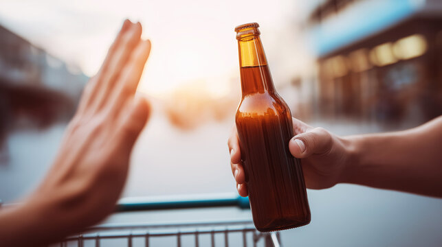 Hand refusing beer bottle, making stop gesture, choosing sobriety and a healthy lifestyle, avoiding alcohol consumption