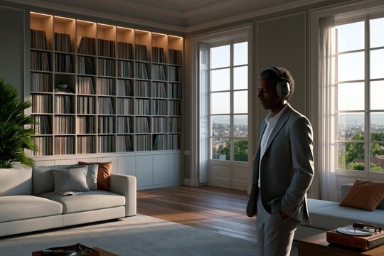 Man standing listening with headphones in library living room