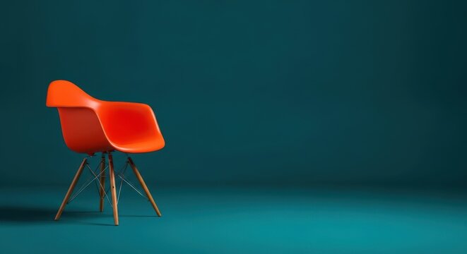 Modern orange armchair with wooden legs against a deep teal background